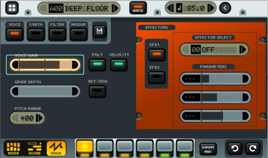 VOICE & EFX Screen Toggle Poliphonic/Monophonic Velocity ON/OFF Effector Selection * When selecting a SYNTH track, sound will be rendered in order of