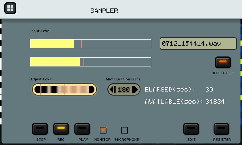 Sampler Adjust Level to ensure that Input Levels don t max out. The red line displays peaks. Confirm sound input when MONITOR is checked.