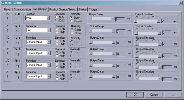 step 8 System Setup Use the System Setup screen to change discrete I/O, the communication port, the product change/select inputs, the strobe output (for external lighting control), the trigger input,