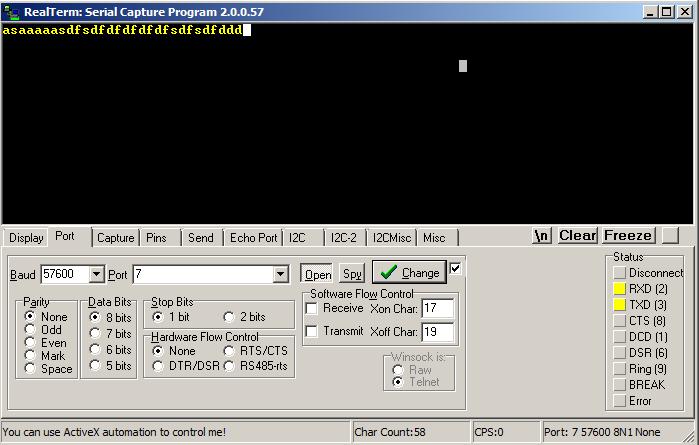 Set the baud rate and select the COM port from Device Manager. c. Type in the transmit area.