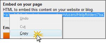 Embed Content on Your Webpage or Blog 1. Mouse-over a piece of content in a folder or the library. Click Share from the menu. 2. The Share Content dialog box appears. 3.
