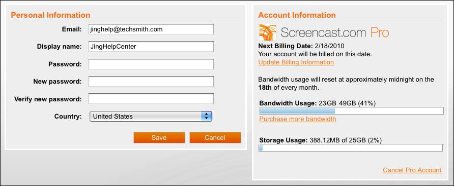 View Your Storage and Bandwidth Usage The Account Information page provides an overview of your Screencast.com account. Within this page, you can: View your storage and bandwidth statistics.