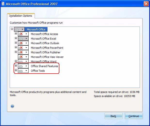 1 Installing Metabolite ID Software Figure 9 Microsoft Office 2010 Custom Installation Options If these boxes are not white, click on the down arrow at the right of the icon.