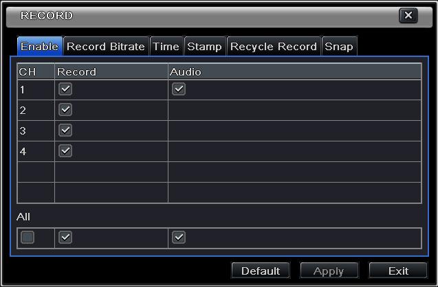 Fig 5-10 Record Configuration-Record Parameter Record Audio Meaning To enable/disable recording for the channel To enable/disable audio recording for the channel 5.3.