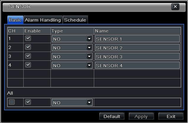 5.4.3 Sensor Schedule This tab allows to set schedule for sensor based recording. The setting steps are as follows: Step 1: Enter into Menu Setup Schedule Sensor interface.