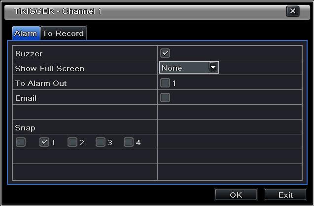 Show Full Screen: If selected, there will pop up the chosen channel on the monitor on an alarm trigger. To Alarm Out: If selected, this would trigger external relay output on an alarm.