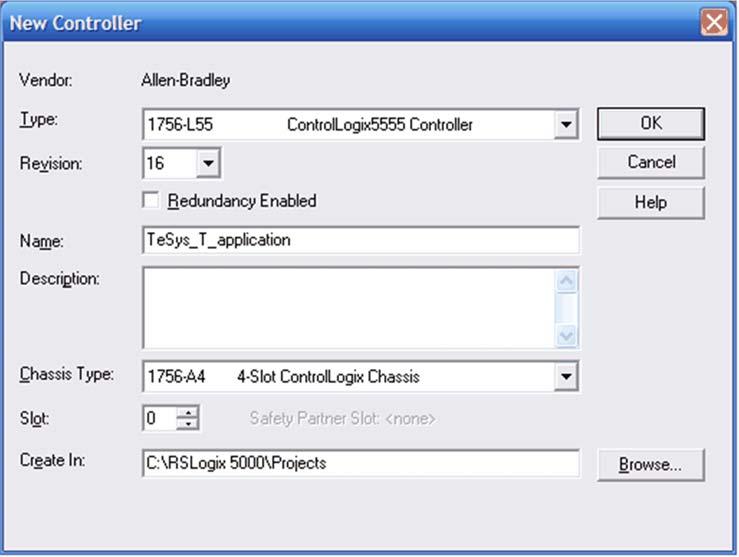 Step Action 3 Set the characteristics of the controller used in the application example: Type: 1756-L55 Controller ControlLogix5555 Revision: 16 Name: Enter a controller name, for example