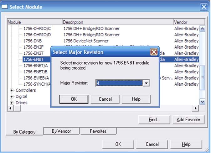 Step Action 7 Select the Major Revision for the EtherNet/IP communication module used in the application, and then click OK to confirm the major revision. Result: The New Module dialog box opens.