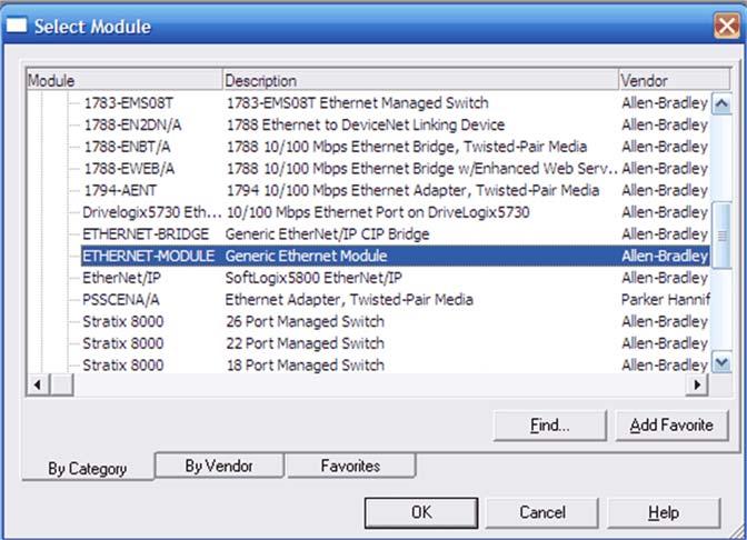 Step Action 13 Expand the Communications tree in the Select Module dialog box, and then select ETHERNET- MODULE Generic Ethernet Module. 14 Click OK to confirm the Ethernet module.