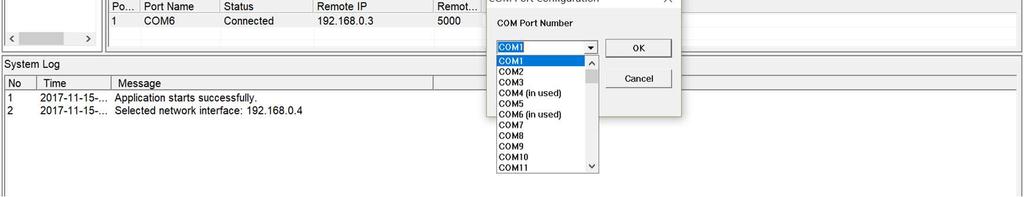 virtual serial port. The COM Port Configuration dialog will appear.