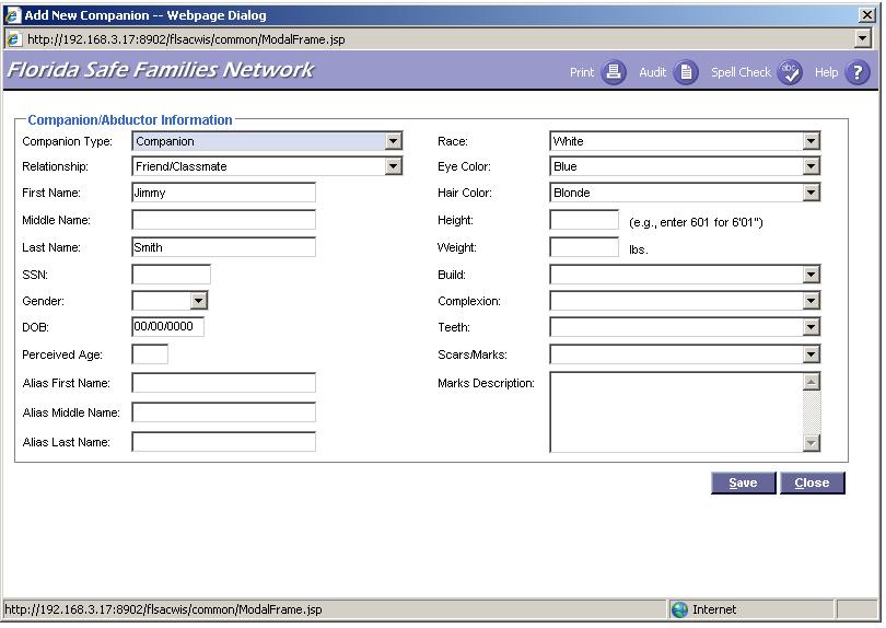 1.2.7. Pop-up Companion/Abductor page 1.2.7.1. Pop-Up Overview The Companion/Abductor pop-up page is used to add companions and abductors to the missing child report.