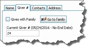 Chapter 4 - Givers Gives with Family Place a checkmark in this bx t indicate if the Giver is giving with their family: Giving Separately Make sure that the checkmark frm the Gives with Family bx has