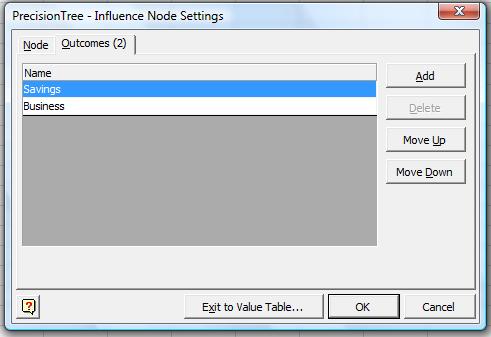 Figure 5: Influence Node settings dialog box for influence diagrams 6.5. Click on the heading Outcomes at the top of the box, and you will see the list of possible outcomes.