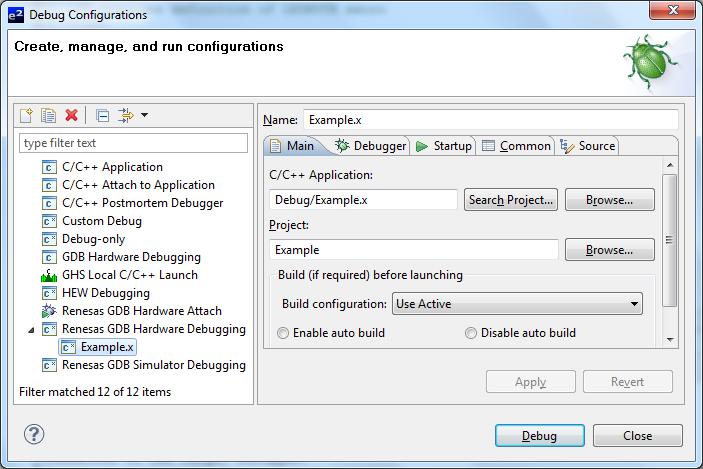 The hardware-specific settings are located on the Debugger tab of the Debug Configurations dialog.