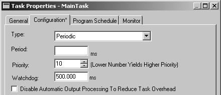 Managing Tasks Chapter 1 Manually Configure Output Processing 1. In the controller organizer, right-click the task and select Properties. 2. Select the Configuration tab. 3.
