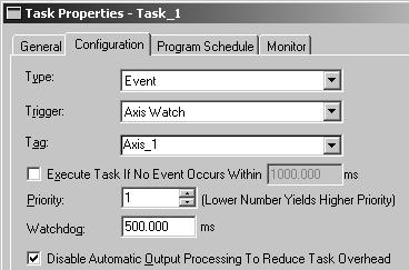 Managing Tasks Chapter 1 Using the Axis Watch Trigger To let the watch position of an axis trigger an event task, use the Axis Watch trigger. Let an event trigger this task. Let the watch position.