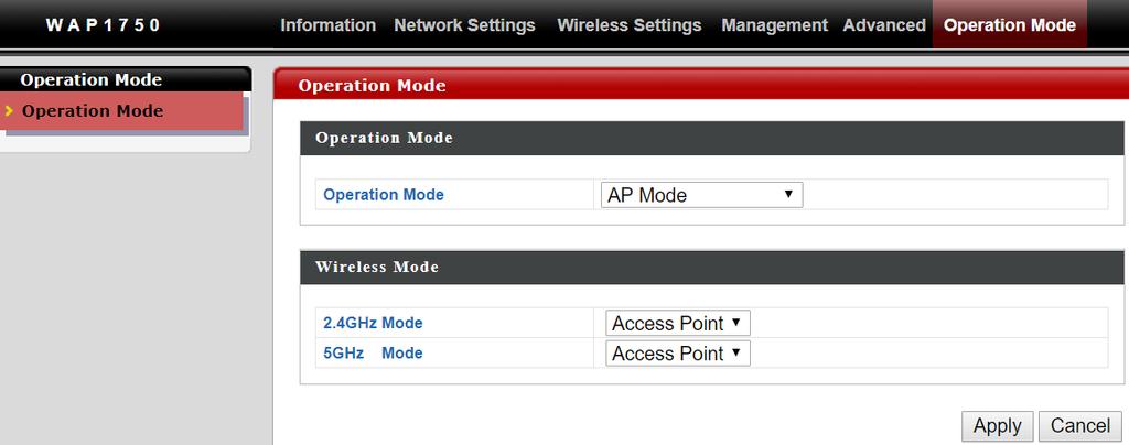 Edimax Pro NMS 8. By default, the device is in AP Mode. 9. Go to Operation Mode to select AP Controller Mode. 10. Once selected, press Apply to apply the settings. Wait for the device to reboot.