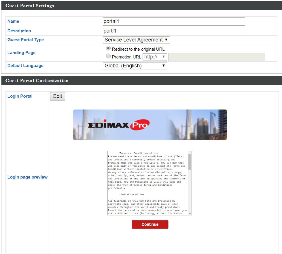 Edimax Pro NMS X-5-7-2 User Level Agreement Guest Portal Type Guest Portal Settings Name Enter / edit portal name. Description Enter / edit description of the portal for reference.