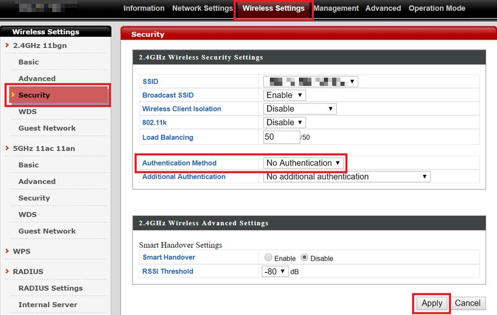 AP, Managed AP, Repeater & Client Bridge Modes Configuring Security Settings of 2.4GHz wireless network 1.
