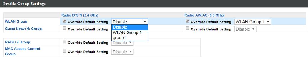 XII-1-3 Assign Access Point Group to use the SSID group settings 1. Go to NMS Settings Access Point and select an access point group using the checkboxes in the Access Point Group panel.
