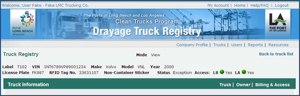To view a truck s information, select the View link for a selected truck.