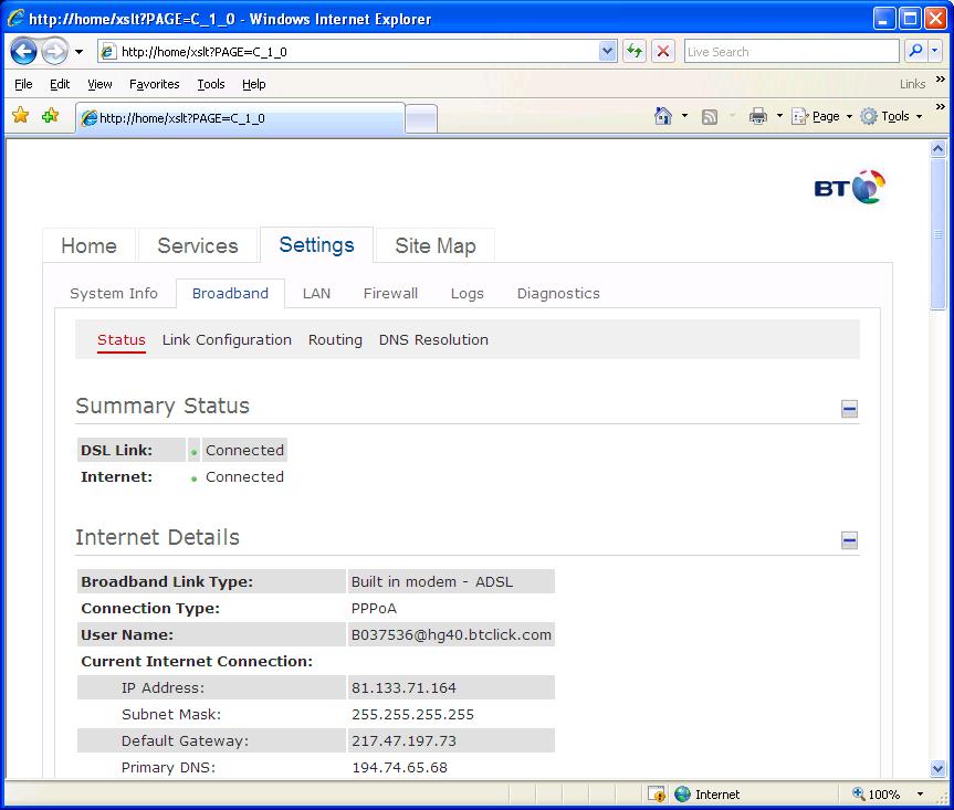 2. Edit the Local Network Settings From the Home page select the Broadband icon The following page will be