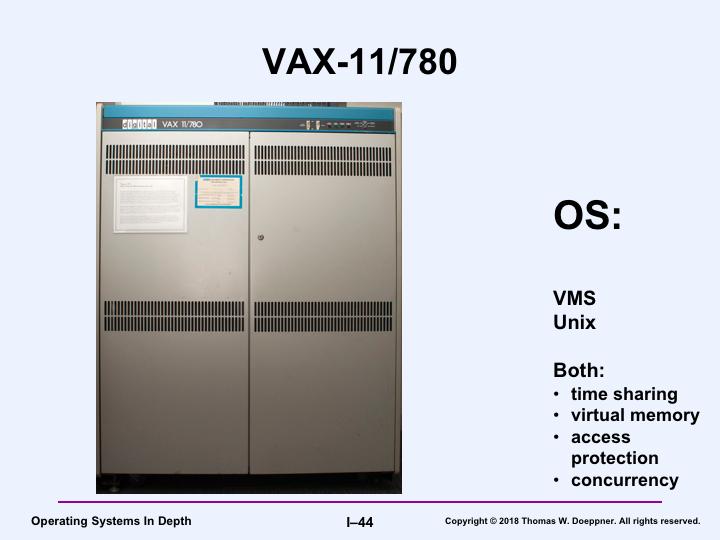 The VAX-11, of which the 780 was the first model, was introduced in 1978 and was noted for two operating systems. The first, VMS, was the product of its manufacturer, DEC.