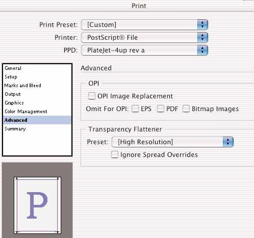 When Preflighting with InDesign, File > Preflight, the summary page will list any pages that contain transparencies. (Figure 5) When postscripting in InDesign, transparencies are flattened.