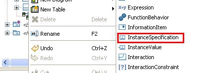 Figure 36: Create a new object The class to be instanciated is selected by clicking on the key by the Classifier field in the Properties view of the InstanceSpecification.