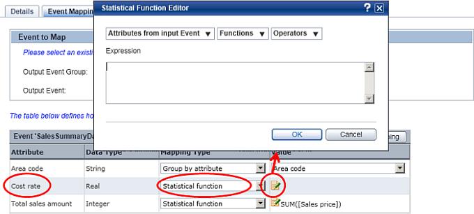 Editing Elements In the Statistical Function Editor, select appropriate values from the Attributes from input Event, Functions, and Operators list