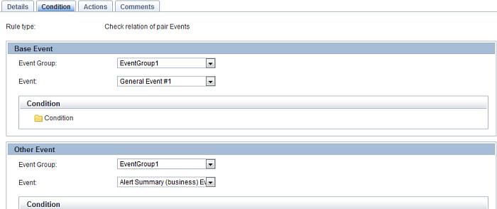 Chapter 3: Using the Analytics Studio For the Check relation of pair Events rule type and Check parameters between pair Events (general Event), the Condition tab displays the Base Event and Other