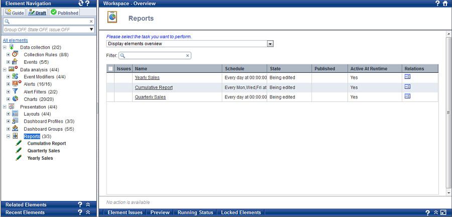 Using the Workspace The following figure depicts the Alerts Overview page displayed on selecting the Reports node in the Element Navigation pane.