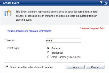 Chapter 3: Using the Analytics Studio Figure 3-4 Create Event dialog box Creating event modifiers An event modifier performs calculations, such as sum, average, and other arithmetic operations, on