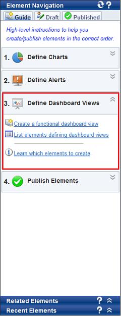 Creating Elements The Define Dashboard Views area provides the following options: Create a functional dashboard view List elements defining dashboard views Learn which elements to create Figure 3-25