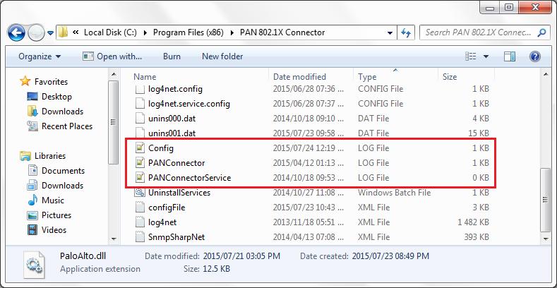 The log files are stores within the installation directory of the PAN 802.1x Connector application. This is normally C:\%programdata%\PAN 802.1X Connector.