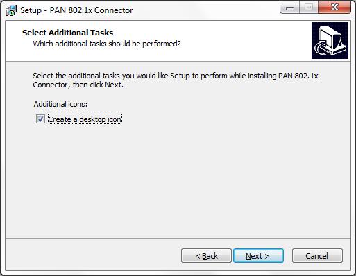 Optionally a shortcut can be created on the desktop. If required, tick next to Create desktop icon. Click Install to start installing the PAN 802.1x Connector application.