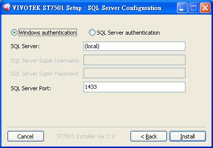 Please note that currently only the SQL server installed on the same computer is supported. b. Follow step 1-3 to run the ST7501_Setup.exe program on your computer. c. Select SQL Server on the drop-down list and assign a password.