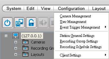 Click Configuration > Recording Schedule Settings on the menu bar (or right-click the station, and then select Recording