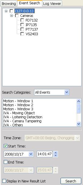 Query Panel--Event Search Page Select the devices you want to search event Select Event Category Specify search time range Click to start to search, and the result will be listed in the video clips