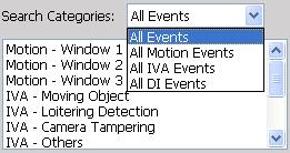 Select Event Category There are five event search categories: All Events, All Motion Events, All IVA Events, All DI