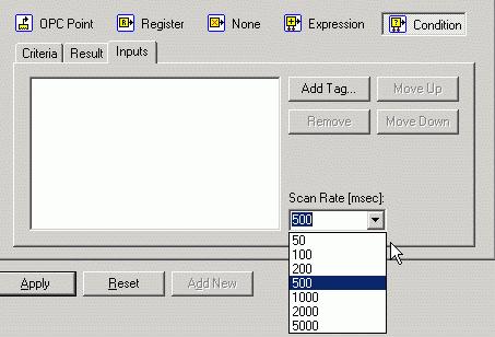 Configuring the Address Space Input Tab: Condition Inputs Register Settings: OPC Outputs Tab In the OPC Outputs tab in the Register Settings dialog box, shown below, you can select OPC tags and /or