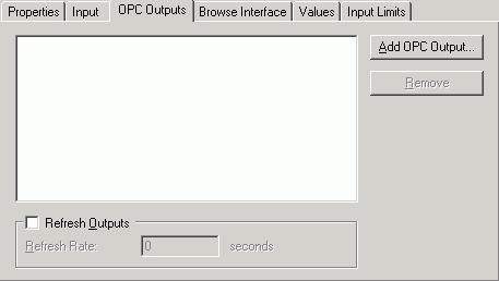 Switch Alias Settings: Input Tab Switch Alias Settings: OPC Outputs Tab In the OPC Outputs tab in the Switch Alias Settings dialog box, shown below, you can select OPC tags and /or registers from the