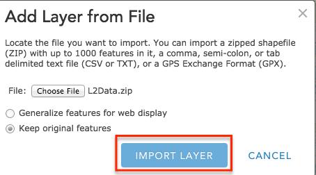 iii. Browse to the L2Data zip file as shown below, then click Import Layer. d. A dialog box will appear to change the style.