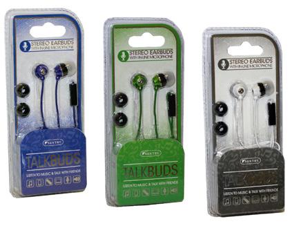 010-44112 Sentry Talkbuds Stereo Earbuds Assorted Colors, In-Line Mic, Cloth Tangle Free Cord. (Displayed Dimensions: 6.25"H x 2.