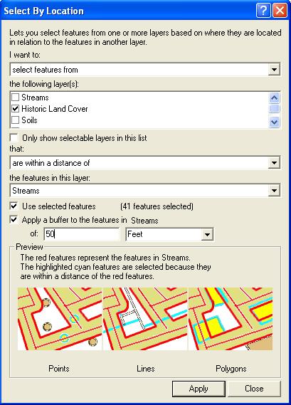 Introduction to ArcGIS for 13. Check the box to Apply a buffer to the features in Streams and set 50 Feet as the buffer distance (i.e., the distance within which to select features).