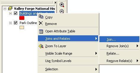 Introduction to ArcGIS for 5. In the Table of Contents, right-click the Buildings and Structures layer name. Select the Joins and Relates option, then select Join as shown below.
