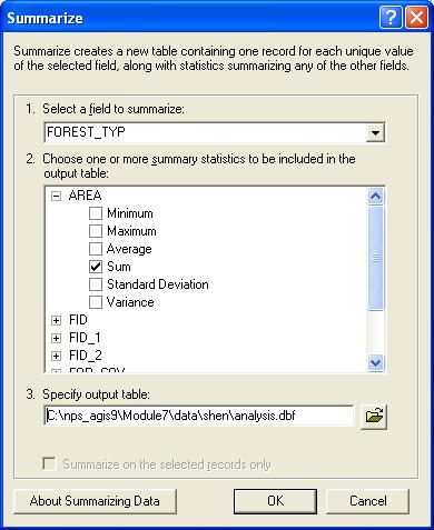 Introduction to ArcGIS for 3. In the Choose one or more summary statistics to be included in the output table, click on AREA and check the box next to Sum. 4.