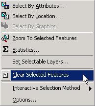 4. If you wish to unselect selected records in all layers, click on the Selection menu item in the menu bar and choose Clear Selected Features (as shown below).