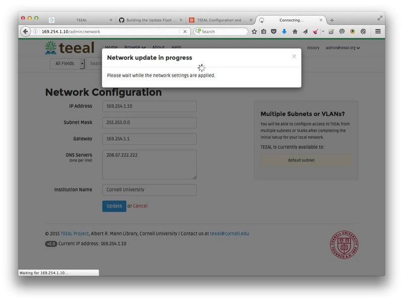 TEEAL will indicate that the network update is in progress and will display a success message once it has completed.