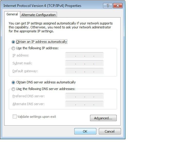 Properties button. In the General tab, ensure Obtain an IP address automatically is selected.